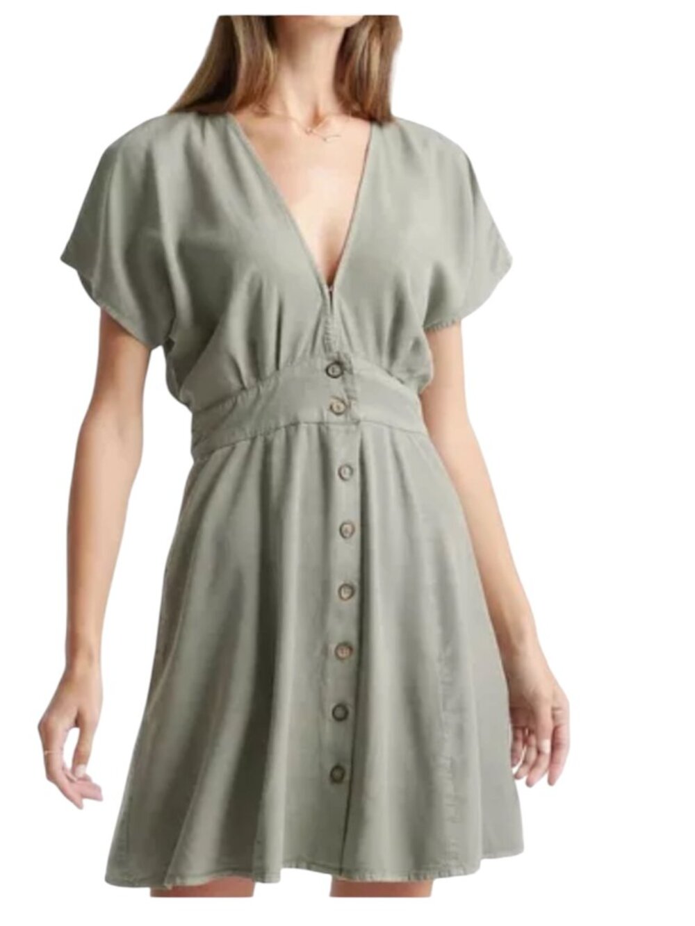 QUINCE Vintage Wash Tencel Button Front V-neckline Women's Mini Dress Olive Sz L - Picture 2 of 11